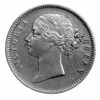 1 rupia 1840, Kompania Wschodnio-Indyjska, Aw: Głowa Wiktorii, Rw: Nominał w wieńcu, w otoku napis..