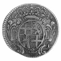 6 scudo 1774, Aw: Popiersie Himeneza de Texada, w otoku napis, Rw: Herb Zakonu i data, K.M. 32.