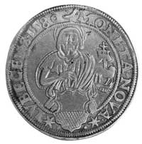 talar 1580, Aw: Św. Jan, herb Lubeki, w otoku napis, Rw: Orzeł, w otoku napis, Dav. 9411.