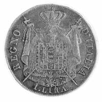 1 lir 1808, Mediolan, Aw: Głowa Napoleona w prawo, w otoku napis, Rw: Herb Królestwa Włoch, KM 81