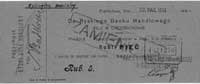 czek na Rubli Pięć 1914 r., wystawiony przez Fabrykę Motte, Meillassoux et Caulierz do realizacji ..
