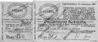 bony na 50 kopiejek i 3 ruble 15.10.1914 wydane przez Bank Handlowy w Warszawie, Oddział w Częstoc..