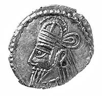 Vologases IV 147-191, drachma, Aw: Popiersie w tiarze w lewo, Rw: Łucznik na tronie i napisy wokół..