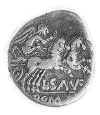 denar- L. Saufeius 152 pne, Aw: Głowa Romy w prawo, za nią X, Rw: Wiktoria w bidze w prawo, niżej ..