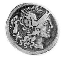 denar- C. Terentius Lucanus 147 pne, Aw: Głowa Romy w prawo, za nią mała Wiktoria i X, Rw: Dioskur..
