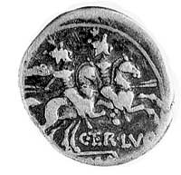 denar- C. Terentius Lucanus 147 pne, Aw: Głowa Romy w prawo, za nią mała Wiktoria i X, Rw: Dioskur..