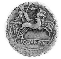 denar- L. Pomponius Cn.- 118 pne, Aw: Napis L. POMPONI CNF wokół głowy Romy w prawo, Rw: Bituitus ..