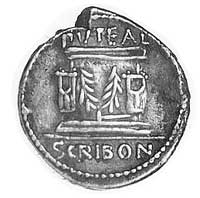 denar- L. Scribonius Libo- 62 pne, Aw: Głowa Bonus Eventusa w diademie w prawo, po bokach napis: B..