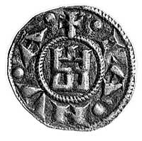 Genua, denar, Aw: Krzyż i napis: CVNRADI REX, Rw