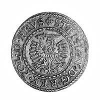szeląg 1582, Gdańsk, Aw: Orzeł Prus Królewskich (ręka z mieczem z lewej strony) i napis, Rw: Herb ..