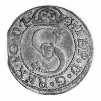 szeląg 1582, Ryga, Aw: Monogram królewski i napi