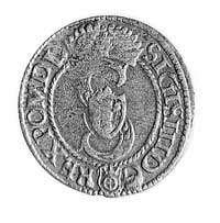 szeląg 1594, Olkusz, Aw: Monogram królewski i na