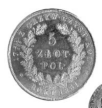 5 złotych 1831, Warszawa, j.w., Plage 272, minimalnie justowane, bardzo rzadkie w tym stania zacho..