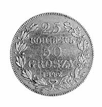 25 kopiejek = 50 groszy 1842, Warszawa, Aw: Orzeł carski i napis, Rw: Nominał w wieńcu, Plage 381.