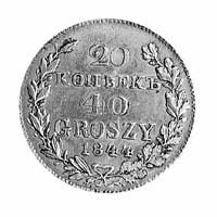 20 kopiejek = 40 groszy 1844, Warszawa, Aw: Orzeł carski, Rw: Nominał w wieńcu, Plage 391, rzadkie..