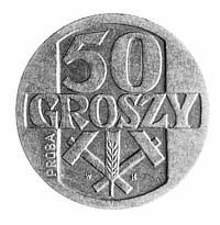 50 groszy 1958, Aw: Orzeł i napis, Rw: Nominał niżej dwa skrzyżowane młotki, napis PRÓBA, Parchimo..