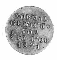 ciężarek 1/2 Friedrichs d’ora 1821, Aw: Orzeł, Rw: Napis, na awersie dwie owalne kontrmarki Orzeł ..