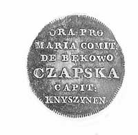 medalik Marii Czapskiej (1723-1774) autorstwa Holzhaeussera, Aw: Herb Leliwa pod koroną szlachecką..