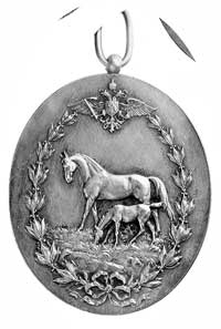 medal owalny nagrodowy za hodowlę konia autorstwa Jaunera, Aw: Popiersie cesarza Franciszka Józefa..
