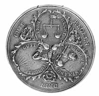 medal nieznanego medaliera XVII w (?), Aw: W trzech medalionach symbole i napisy a w otoku: DREI S..