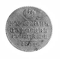 żeton koronacyjny Aleksandra I 1801 r., Aw: Ukoronowany monogram cara, Rw: Pod koroną napis i data..