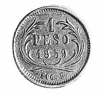 1 peso 1859, Aw: Głowa i napis w otoku, Rw: W wieńcu nominał i data, Fr.36, złoto 1.67 g.