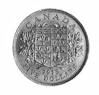 5 dolarów 1913, Ottawa, Aw: Głowa króla Jerzego V i napis w otoku, Rw: W wieńcu herb i w otoku nap..
