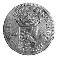 Silver dukat 1694, Holandia, Aw: Rycerz; poniżej tarcza herbowa i napis w otoku, Rw: Ukoronowany h..