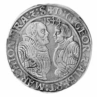 talar 1544, Aw: Półpostacie Georga i Albrechta zwrócone do siebie, w otoku napis, Rw: Cztery tarcz..