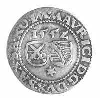 ćwierćtalar 1552, Aw: Dwie tarcze, powyżej data, napis w otoku, Rw: Ozdobny hełm, w otoku napis, M..