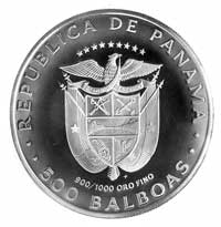 500 balboa 1975, Aw: Klęczący Vasco Nunez de Balboa, Rw: Herb Panamy i napis w otoku, Fr.2, złoto ..