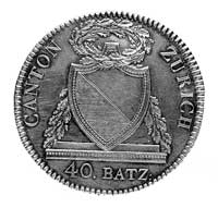 40 batzenów 1813, Zürich, Aw: Herb kantonu, poniżej i w otoku napis, Rw: W wieńcu w pięciu poziomy..