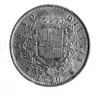 20 lirów 1863, Turyn, Aw: Głowa króla Wiktora Emanuela II, poniżej data, Rw: W wieńcu herb królest..