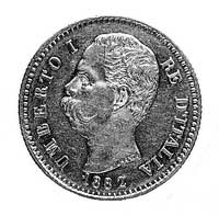 20 lirów 1882, Rzym, Aw: Głowa króla Umberta I, poniżej data, napis w otoku, Rw: W wieńcu herb kró..