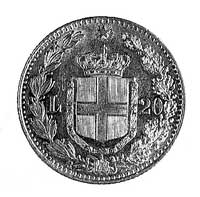 20 lirów 1882, Rzym, Aw: Głowa króla Umberta I, poniżej data, napis w otoku, Rw: W wieńcu herb kró..