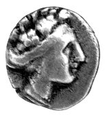 Histiaia- Eubeja, tetrobol III w pne, Aw: Głowa nimfy Histiai w prawo, Rw: Nimfa na łodzi i napis: Sear 2496, 1.42 g.