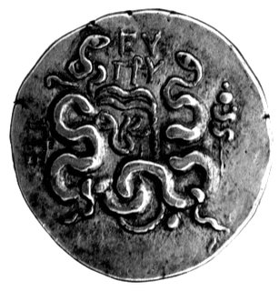 Pergamon- Myzja, cystofor, Aw: Cista Mystica w wieńcu, Rw: Dwa węże przy kołczanie i napis: .., BMC 116