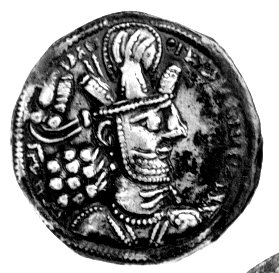 Sasanidzi- Varhran IV 388-399, drachma, Aw: Popiersie w koronie w prawo, Rw: Popiersie na ołtarzu, po bokach straż- nicy, Göbl- , Mitch.935