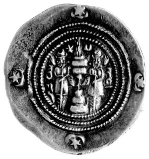 Sasanidzi- Khusro II 590- 628, drachma, Aw: Popiersie w koronie i napisy, Rw: Ołtarz ognia, Göbl 214, Mitch.1107