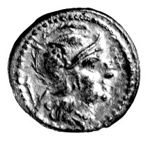 kwinar anonimowy 211-210 pne, Aw: Głowa Romy w prawo, z tyłu V, Rw: Dioskurowie na koniach w prawo