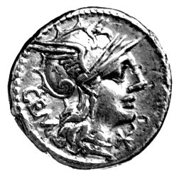 denar- C. Aburius Geminus 132 pne, Aw: Głowa Romy w prawo, z tyłu GEM.., Rw: Sol w kwadrydze i napis: M. ABVRI, niżej ROMA, Sear Aburia 6, Craw. 250/1