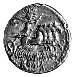 denar- C. Aburius Geminus 132 pne, Aw: Głowa Romy w prawo, z tyłu GEM.., Rw: Sol w kwadrydze i napis: M. ABVRI, niżej ROMA, Sear Aburia 6, Craw. 250/1