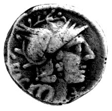 denar- L. Antestius Gragulus 136 pne, Aw: Głowa Romy w prawo, pod brodą X, Rw: Jupiter w kwadrydze w prawo i poniżej napis L. AES