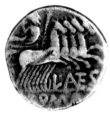 denar- L. Antestius Gragulus 136 pne, Aw: Głowa Romy w prawo, pod brodą X, Rw: Jupiter w kwadrydze w prawo i poniżej napis L. AES
