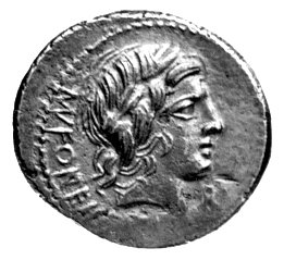 denar- Mn. Fonteius 85 pne, Aw: Głowa Vejovisa w