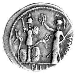 denar- M. Furius L. f. Philus 119 pne, Aw: Głowa Janusa i napis wokół: FOVRI L F, Rw: Stojąca Roma z trophaionem w odcinku PHIL..., z boku ROMA, Sear Furia 18, Craw.281/1
