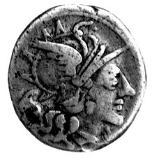 denar- M. Junius Silanus 145 pne, Aw: Głowa Romy w prawo, Rw: Dioskurowie na koniach w prawo, niżej napis: M. IVNI