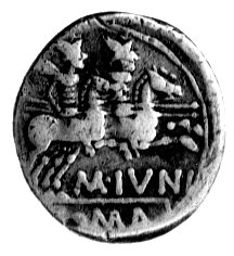 denar- M. Junius Silanus 145 pne, Aw: Głowa Romy w prawo, Rw: Dioskurowie na koniach w prawo, niżej napis: M. IVNI