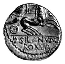 denar- L. Silanus L. f. 91 pne, Aw: Głowa Romy w