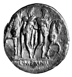 denar- L. Memmius 109-108 pne, Aw: Męska głowa w wieńcu z liści dębowych w prawo, Rw: Dioskurowie na wprost